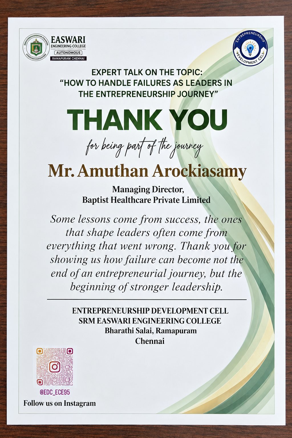 Certificate of appreciation from the Entrepreneurship Development Cell, Easwari Engineering College